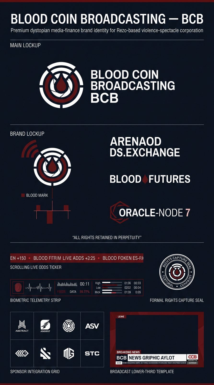 Blood Coin Broadcasting brand identity sheet, showing the concentric-target blood mark and its sub-brands