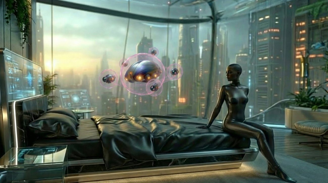 Gwen, a poised woman with deep-brown skin and a clean-shaven head in a glossy charcoal bodysuit, seated in a luxe high-rise apartment over the Rezo skyline with Honey's pink drone-swarm nearby