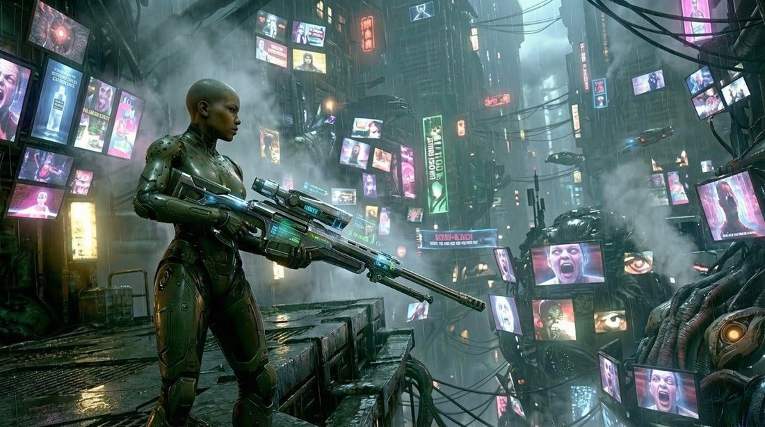 LUST: the same woman in a dark segmented armoured exosuit holding a scoped long-rifle, amid a warren of screens in the neon arena