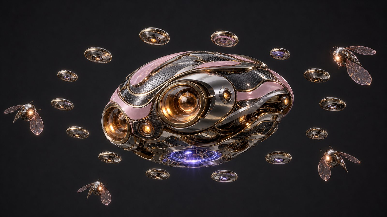 The same core reconfigured for the field: the pink panels drawn back over dark honeycomb armour and chrome, a blue-violet projector ring burning beneath the hull, ringed by coin-thin gold-rimmed lenses and several wasp-formed drones with iridescent wings.