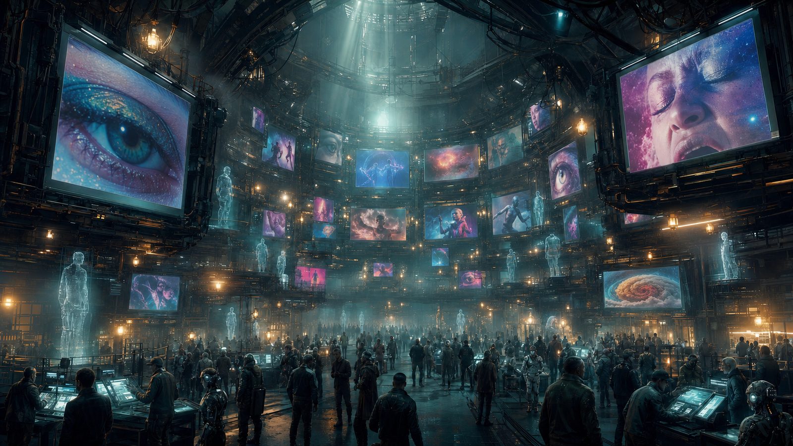 The market hall in full media frenzy: every screen under the arched roof alight at once with giant eyes, faces and dancing figures, ghost-pale holograms standing above the crowd, and traders packed at their glowing terminals on the floor below.