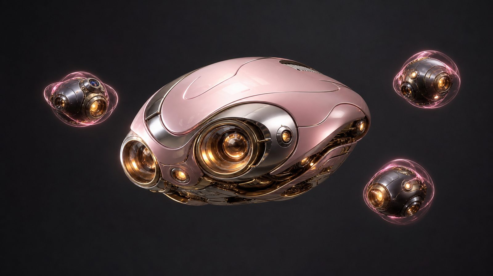 Honey's primary drone: a palm-sized teardrop of pink chrome with warm gold lenses, three smaller swarm units hovering in formation around it.