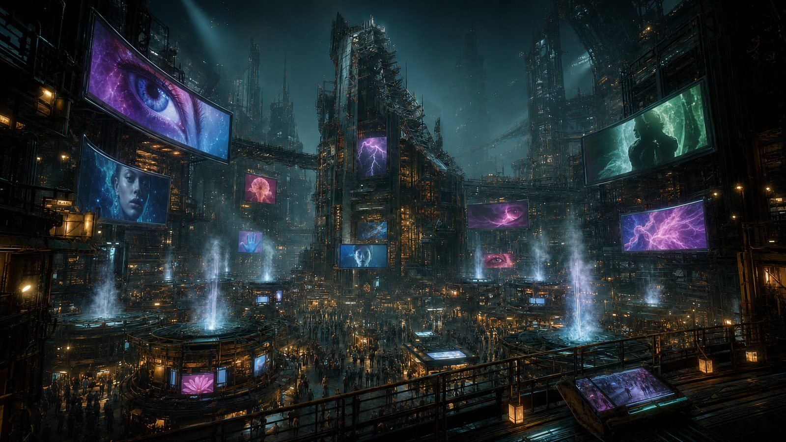 A wide plaza beneath a jagged half-collapsed spire, ringed by huge curved screens showing eyes, faces and lightning in violet and cyan, crowds on the floor below and pale vapour jets rising from circular fountains.