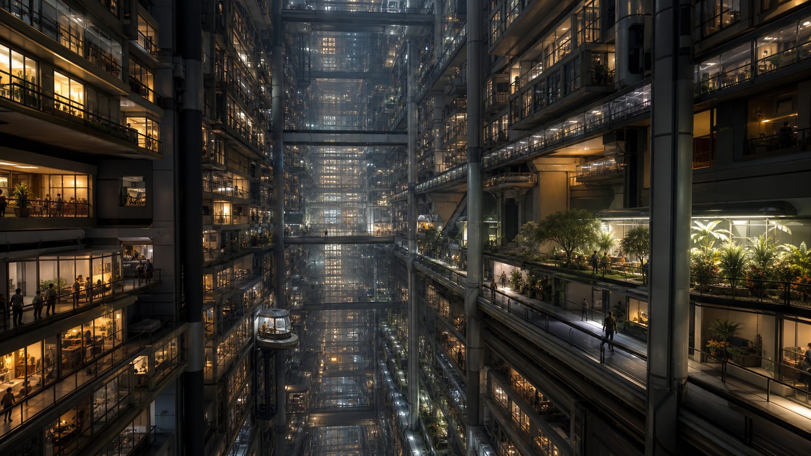 The view down a deep interior canyon at night, both walls stacked with lit apartments, workshops and planted terraces receding into the depths, a small lift capsule descending the middle of the shaft and a lone figure walking a balcony walkway.