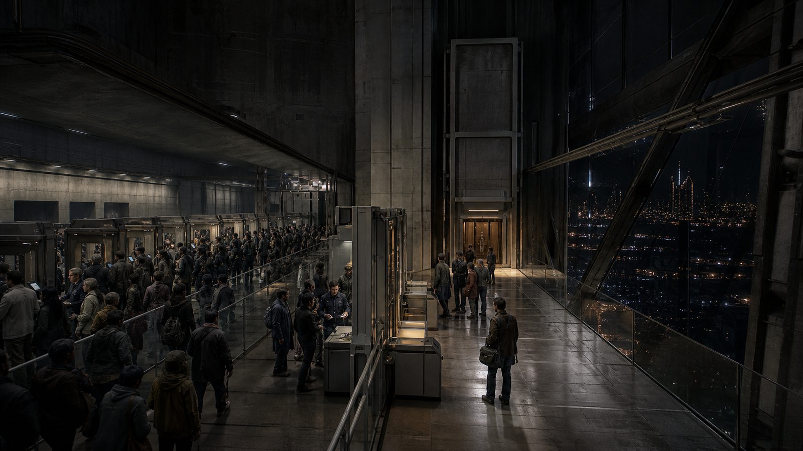 A crowd of workers in drab jackets queues along a rail toward a row of lit gates in a vast concrete transit hall at night, while past a dividing column an almost empty polished concourse runs by a lift bank to a glass wall and the lights of the city far below.