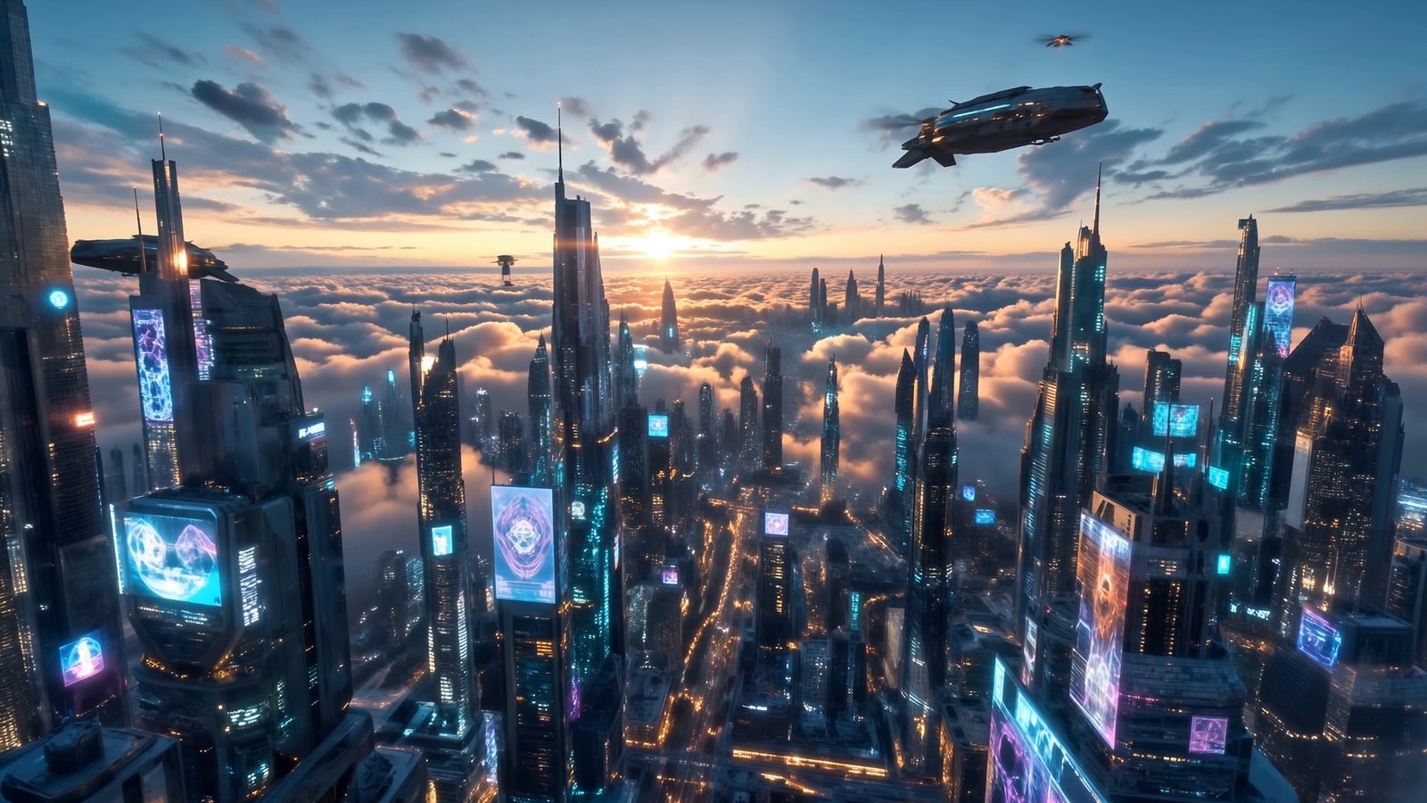 The tower field of Rezo Heights at golden hour: holo-faced spires standing out of a sunset cloud sea, traffic lanes threading between them and a ship crossing overhead.