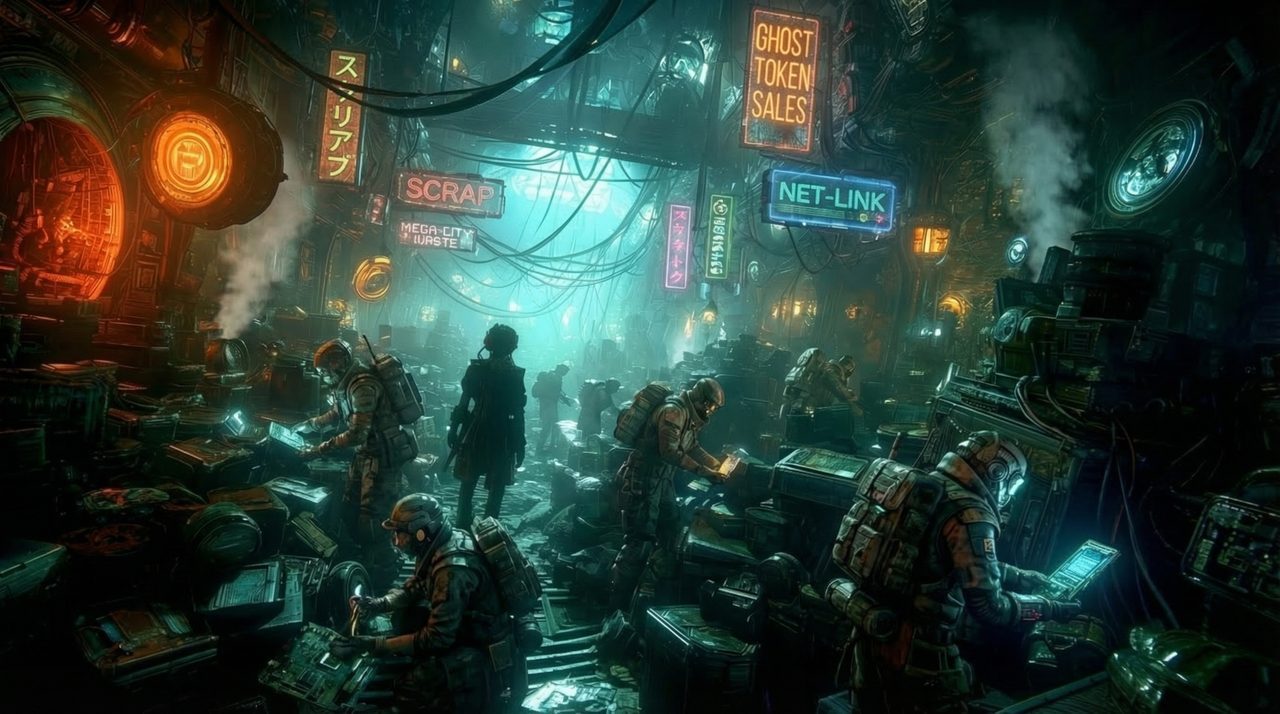 The Cannibal Gardens — scavengers in breathing gear picking through heaped scrap beneath neon signs reading Ghost Token Sales, Scrap and Net-Link.