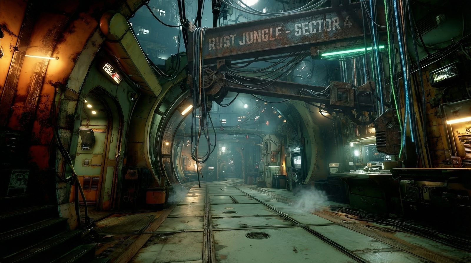 Cannibal Gardens, L724-S46 — a cable-strewn salvage bazaar in the Upper Vaults, lit by green signage